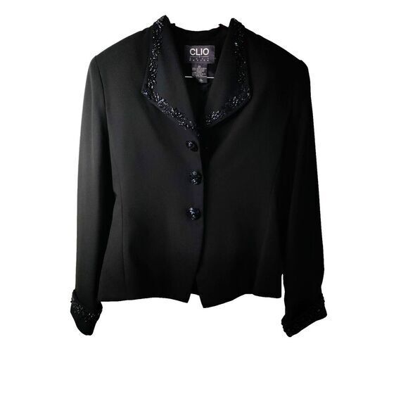 CLIO Women 6P Black Beaded Sequin Collar Buttons & Cuff Office Dinner Jacket Y2K - Picture 1 of 9